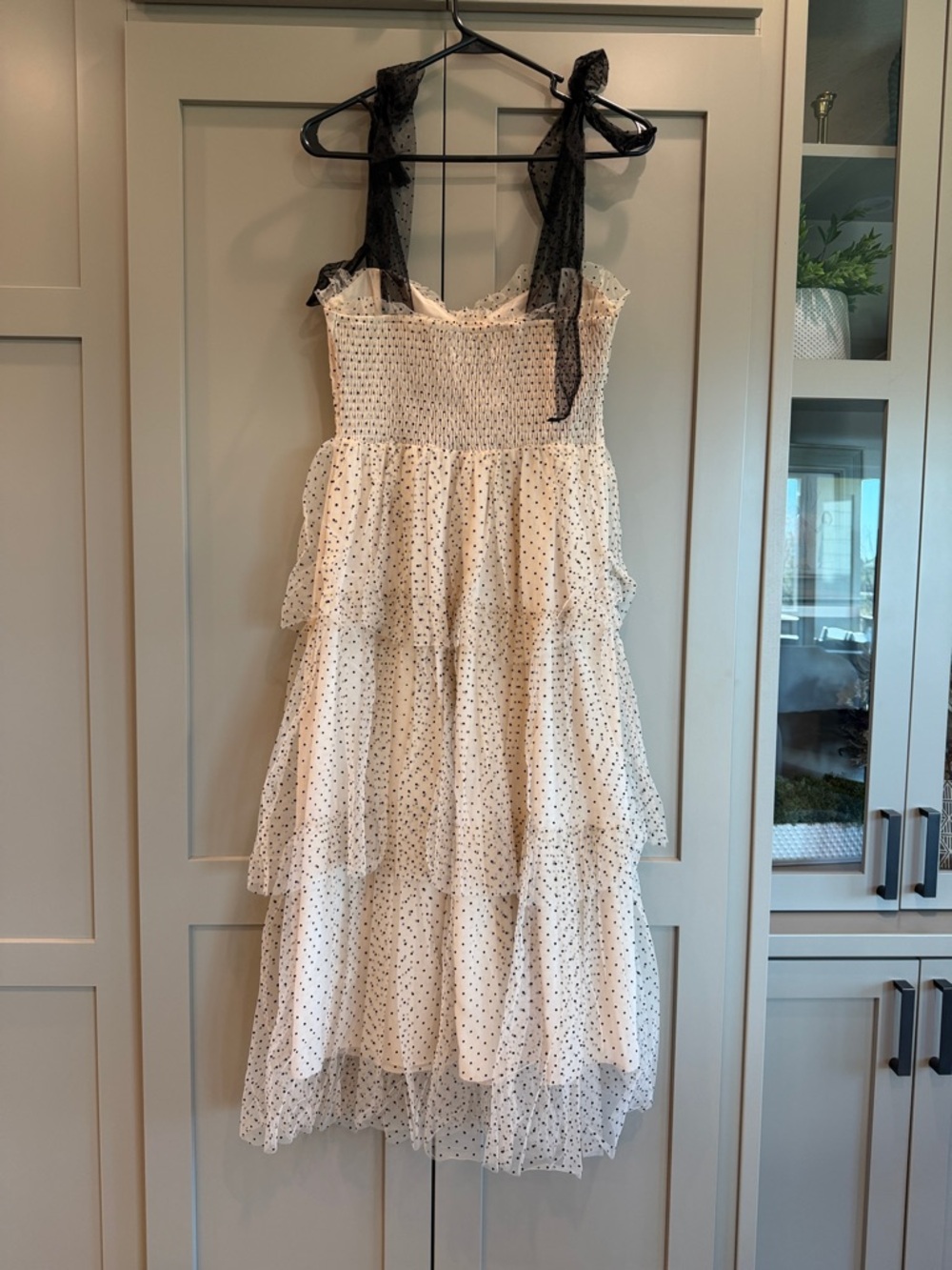 Vici tan/black Polka Dot Tiered Dress with Black Shoulder Ties - Picture 4 of 6